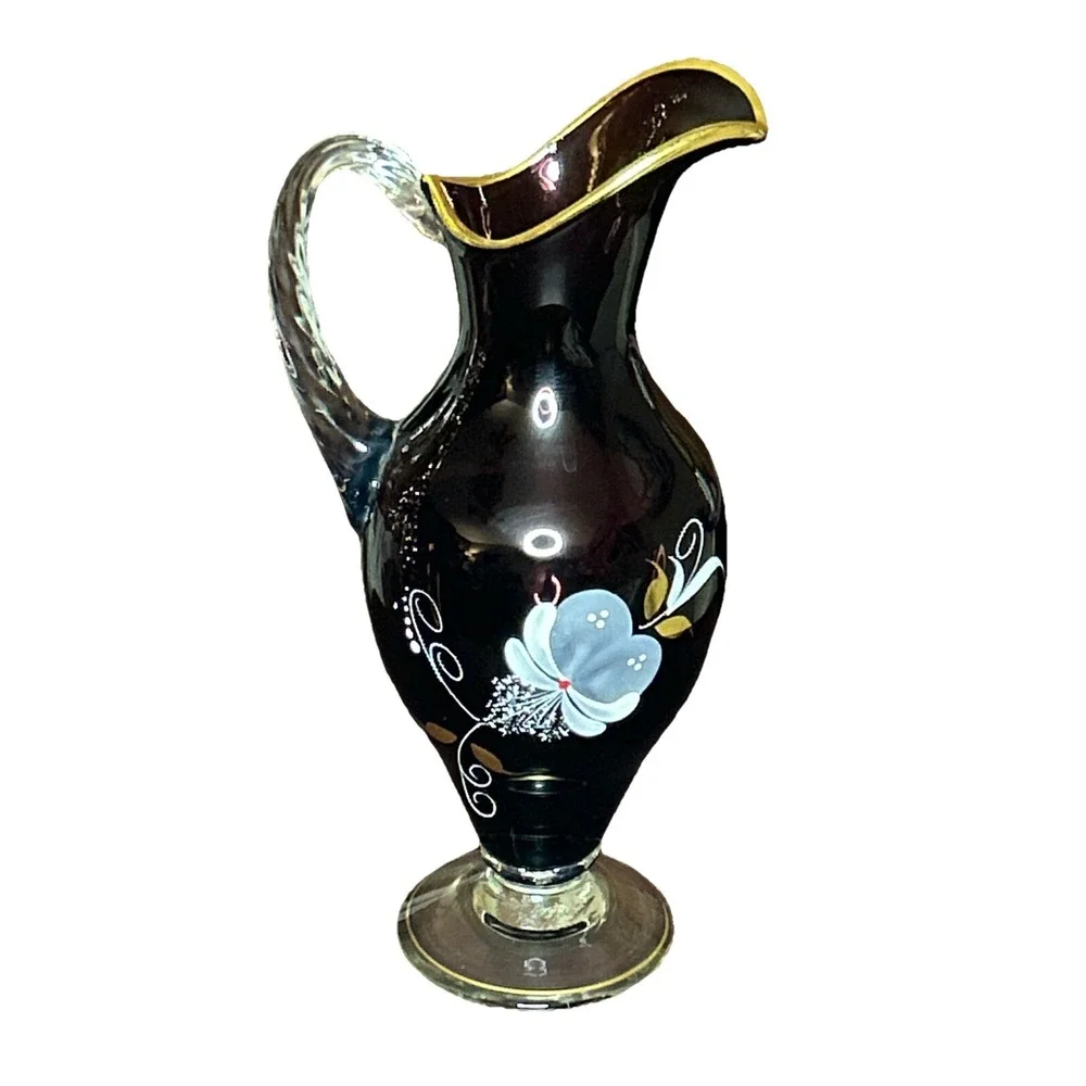 Vintage MCM Amethyst Purple Art Glass Hand Painted Floral Pitcher Twisted Handle